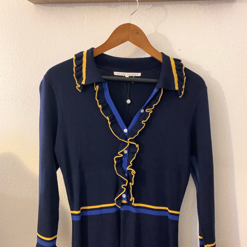 Blue Ruffle Body Con Knit Dress - Picture 3 of 5